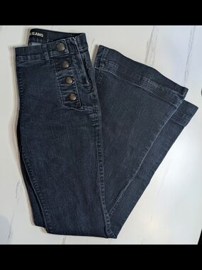 Express Jeans Belt Flare Mid Rise Size 4 Dark Wash Button Front Flare Jeans